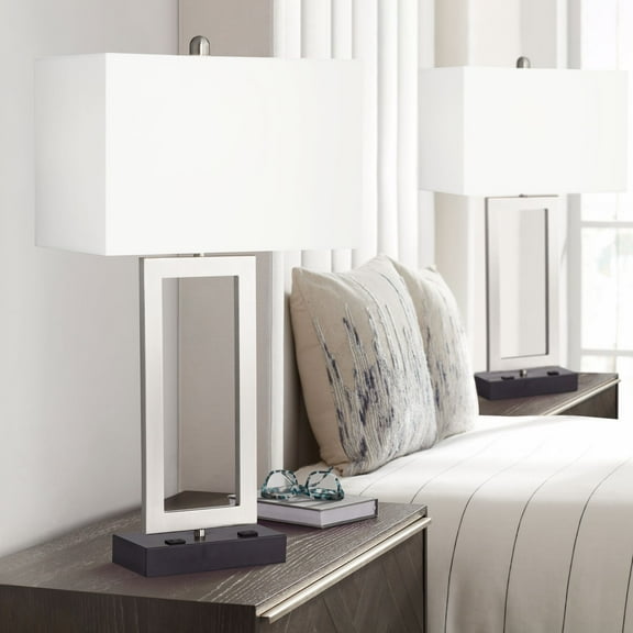 360 Lighting Todd 30" Tall Modern End Table Lamps Set of 2 USB Port AC Power Outlet Silver Brushed Nickel Finish Metal Charging