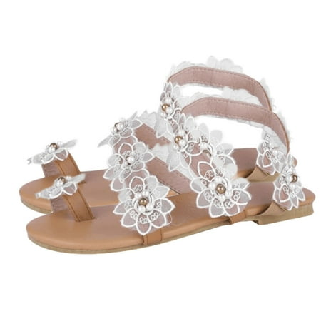 

BRISEZZS Women s Flat Sandals- Open Toe Casual Lace Flip-Flops Summer Sandals #895 White