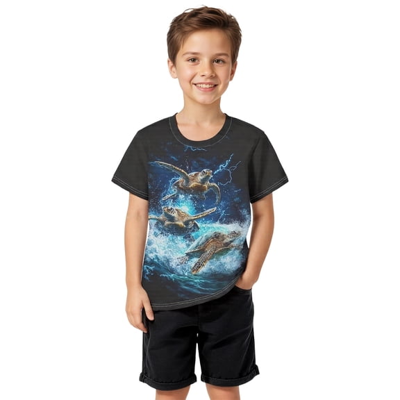 Hiijoy Summer Boys Turtle Graphic Tee Casual Short Sleeve Crew Neck T-Shirt, Sizes 1-2