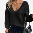 thumbnail image 2 of Women's Casual Loose Bow V-neck Solid Color Sweater for Fall Winter Bow Accents,Black,L, 2 of 8