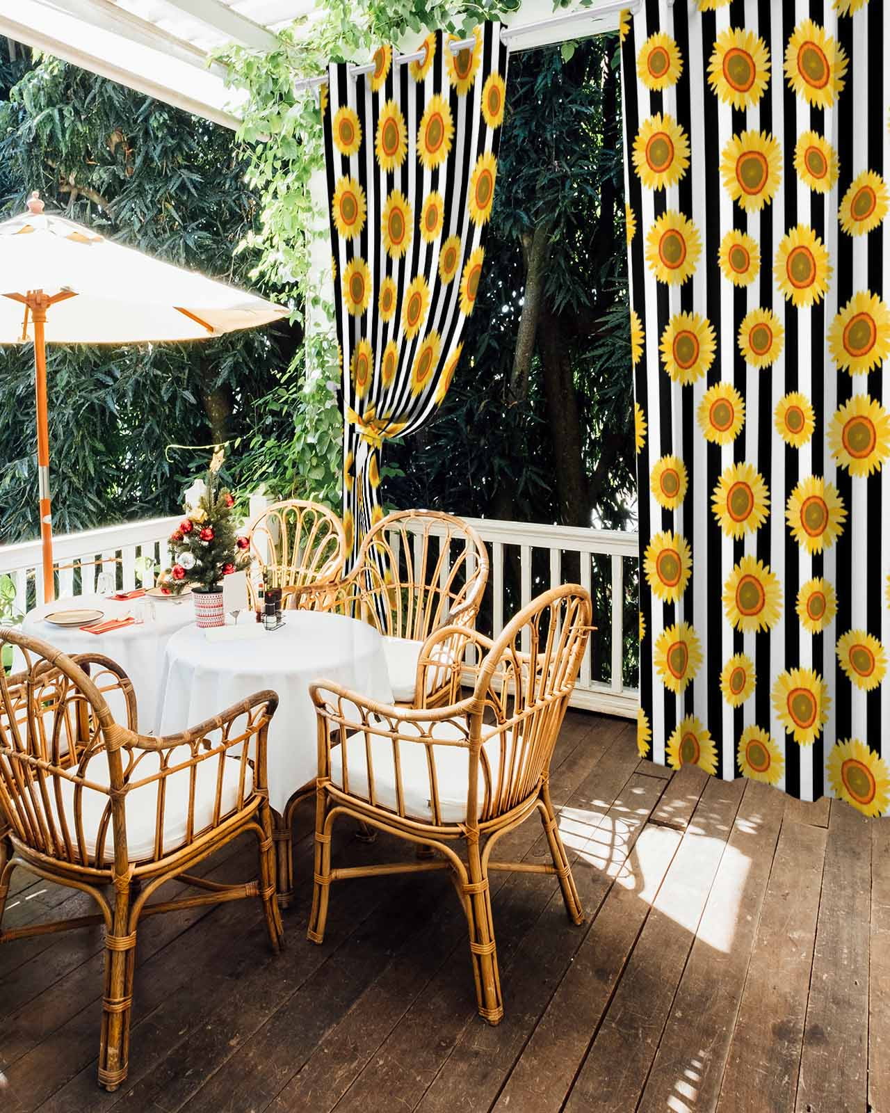 Yellow Sunflower Outdoor Curtains for Patio, Black White Stripe Farmhouse Privacy Drapes Grommet Waterproof Outside Curtains for Porch/Cabana/Balcony 54"x 108", 1 Panel