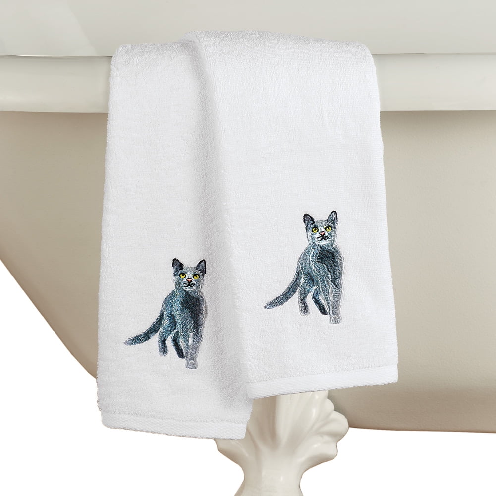 PERSIAN CAT SET OF 2 BATH HAND TOWELS EMBROIDERED BY LAURA 