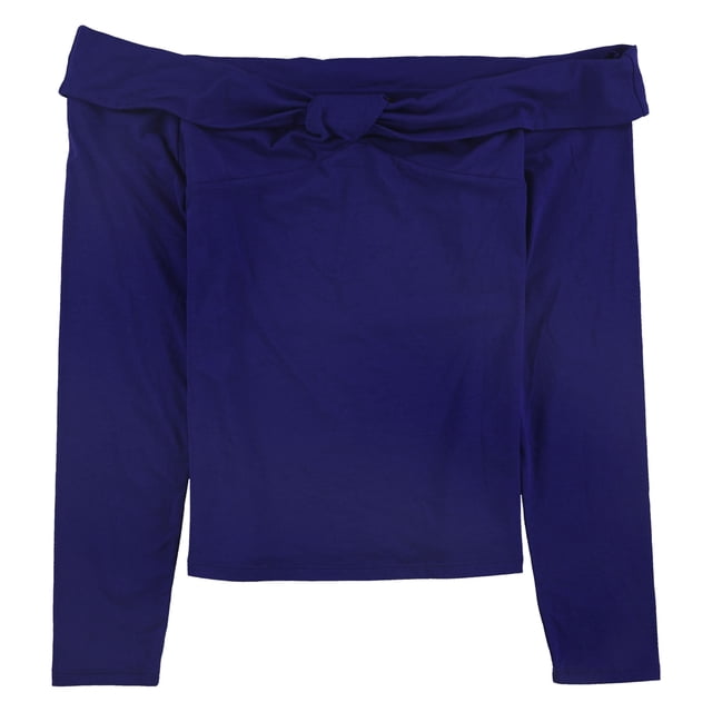 GUESS Blusa con hombros descubiertos y frente torcido para mujer, azul, mediano