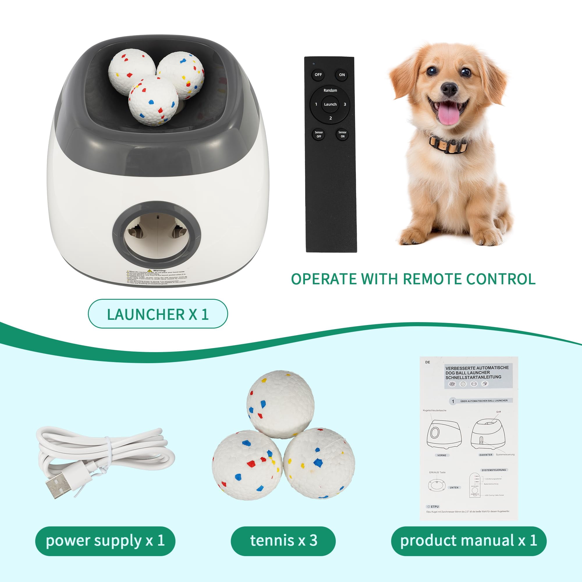 GIANNA Automatic Dog Ball Launcher – Interactive Indoor/Outdoor Dog Toy with 3 Distance Settings, Includes 3 Tennis Balls & Charging Cable, Ideal for Small & Medium Dogs, Grey, Large