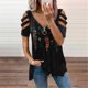 thumbnail image 1 of ICHUANYI Clearance Fashion Woman V-Neck Short Sleeve Tops T-Shirt Summer Print Loose Blouse(Black, XXL) ICHUANYI WER2023080808197, 1 of 5