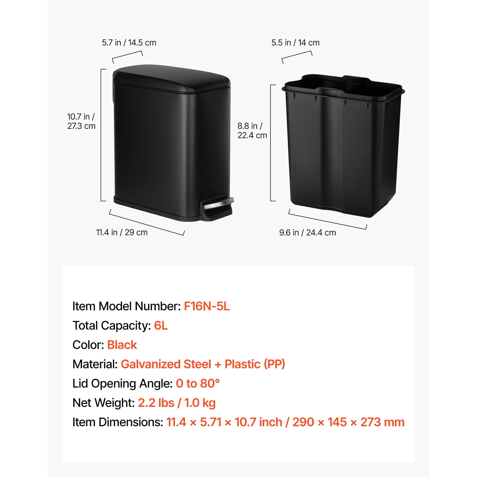 KFFKFF Slim Bathroom Trash Can, 11.4 x 5.71 x 10.7 Inch Compact Trashcan with Step Pedal & Quiet-Close Lid, 6L Steel Bin with Removable Inner Container, for Kitchen, Home, Dorm, Office, Black