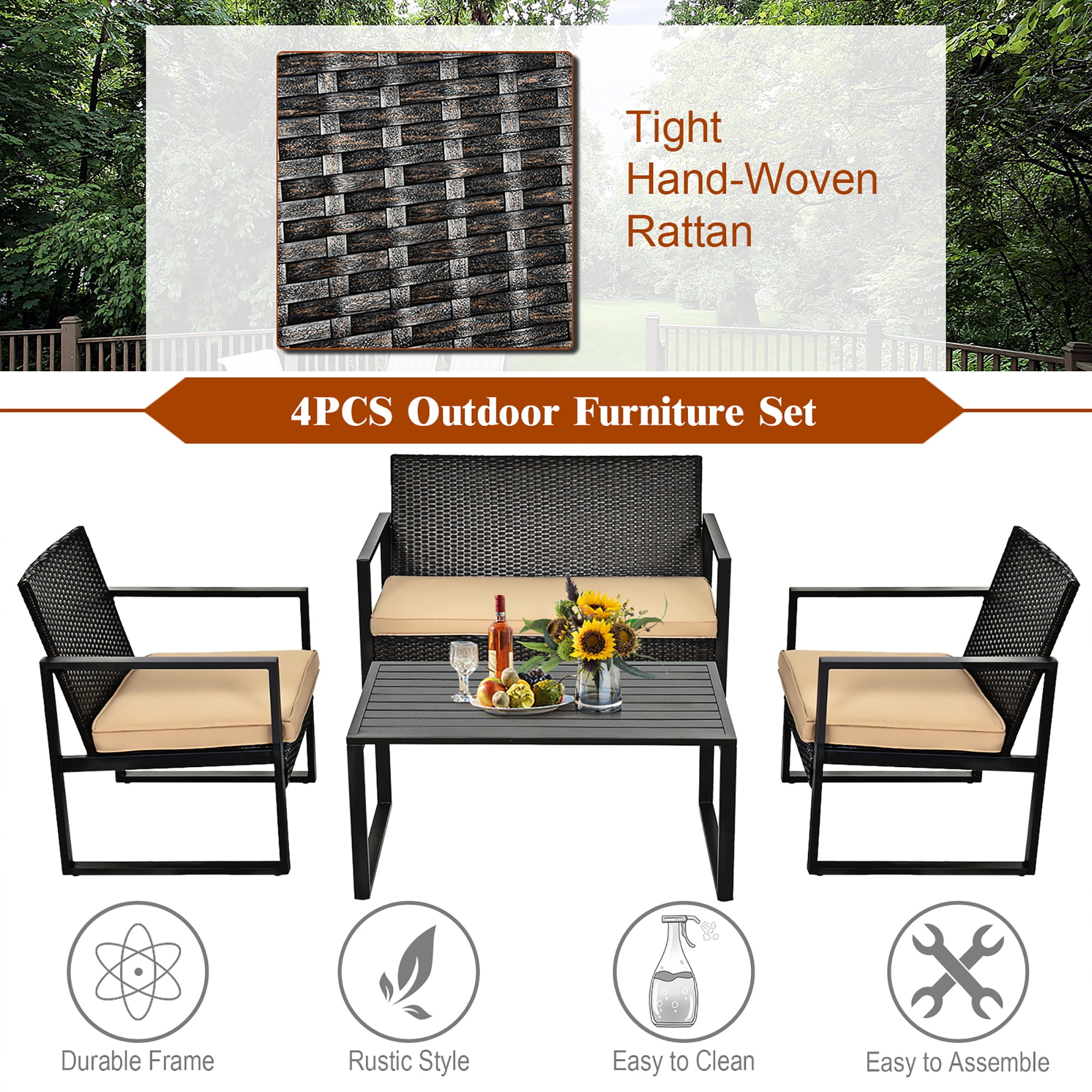 Costway 4PCS Patio Rattan Furniture Set Cushioned Sofa Coffee Table Garden Deck Brown