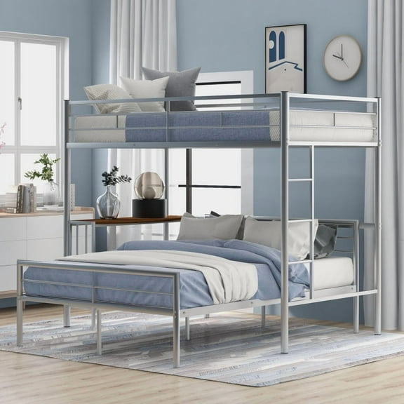 [Luckynote]Twin Over Full Metal Bunk Bed with Desk, Ladder and Quality Slats for Bedroom, Metallic Silver