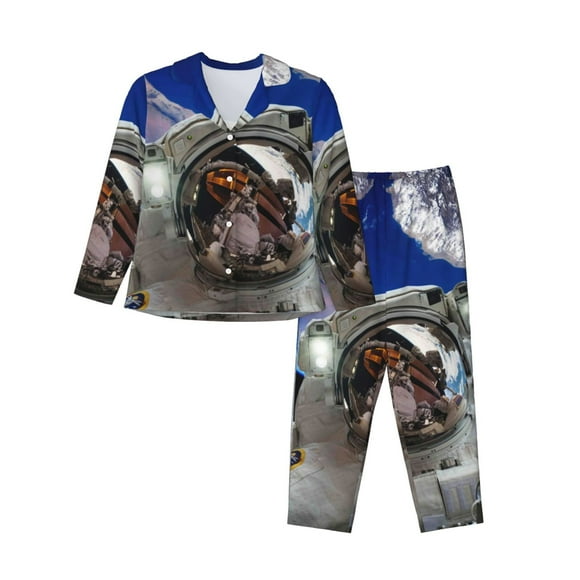 Fotbe Astronaut in Outer Space Conjunto de Pijama de Manga Larga para Mujer con Estampado, Ropa de Dormir de 2 Piezas, Conjunto de Casa Suave y Cómodo con Bolsillos-Large