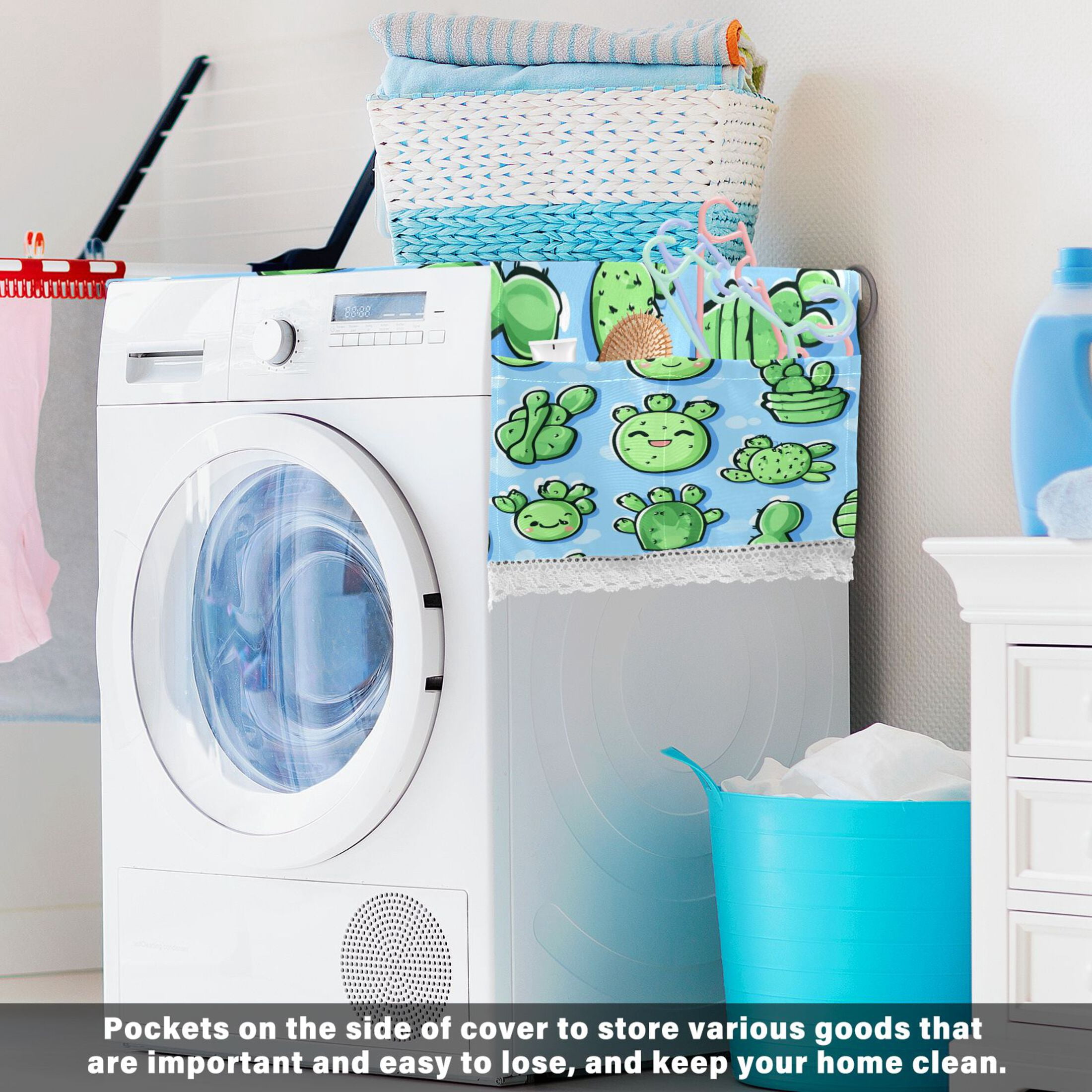 WOBOGO Cute Cartoon Cactus on Blue Background Washing Machine Cloth Dryer Refrigerator Top Cover Protective Non-Slip Mat For Kitchen Laundry