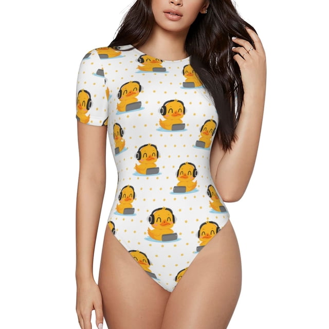 Balery Cute Duck With Headphone Body de cuello redondo de manga corta para mujer Tops de manga corta Tops básicos-Large