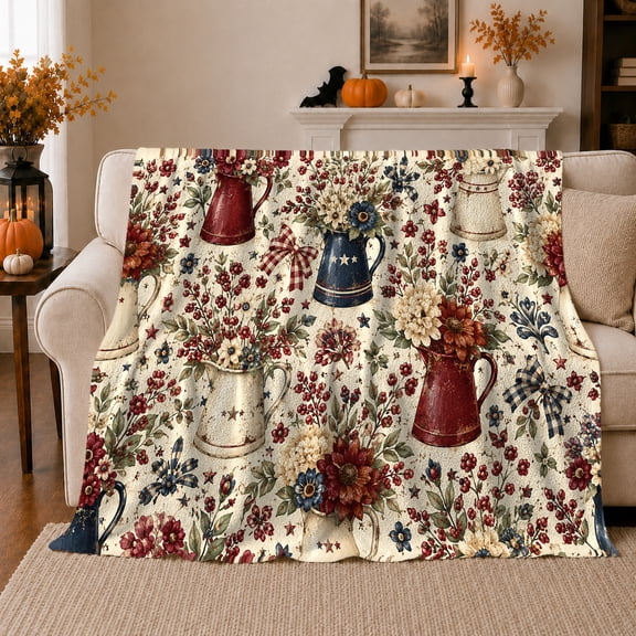 Rustic Americana Farmhouse Bouquets Stars Living Room, Cozy Artistic Scene, Warm Flannel Blanket for Ranch House and Living Room, Animal Lovers Thanksgiving Gift, Artistic Home Decor