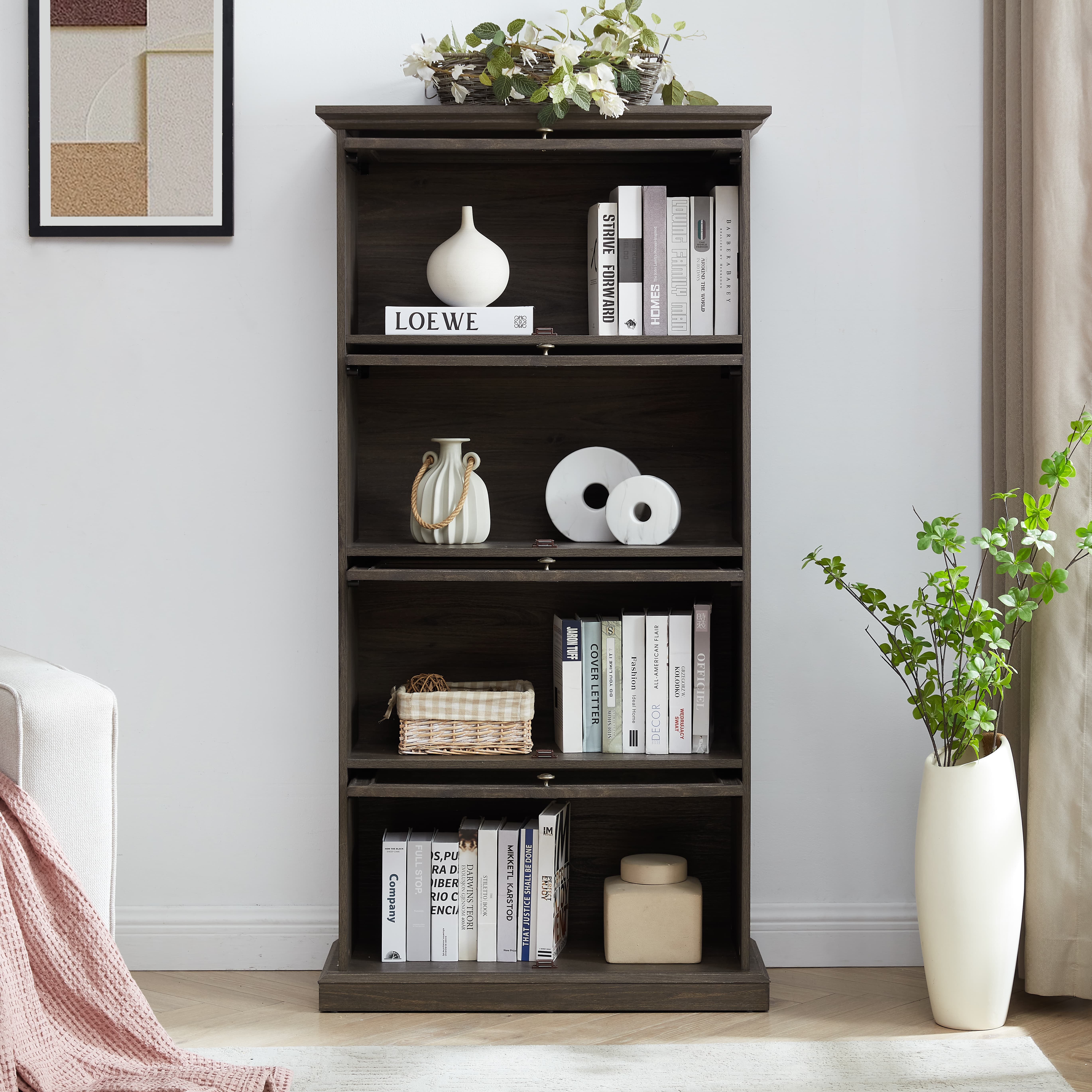 Aukfa 4-Tier Glass Display Cabinet,Cabinet Storage Curio Cabinet with Flip up Glass Doors, Brown