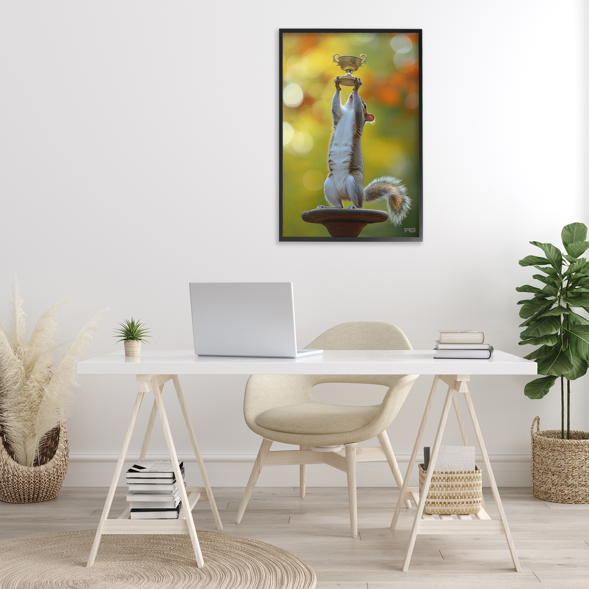 Stupell Industries Squirrel Holding Trophy Novelty Painting Black Framed Art Print Wall Art, 20 x 30