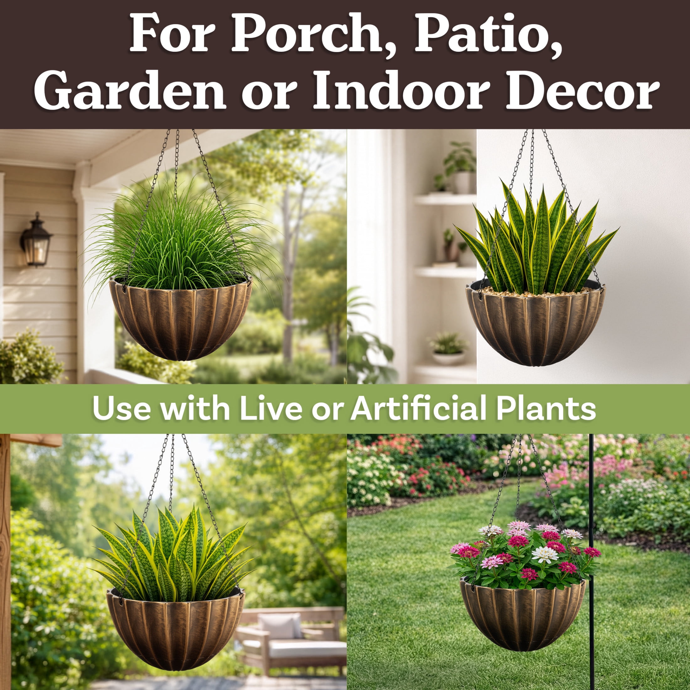 Pure Garden 10.25in Durable Plastic Hanging Planter 2-Pack with Drainage Reservoir, Bronze