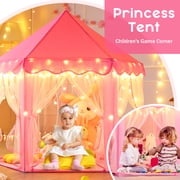 Wilwolfer Princess Castle Kids Indoor Play Tent, Pink Hexagon Fabric Playhouse with Star Lights, Large with Carrying Bag KP-GZ-001-W