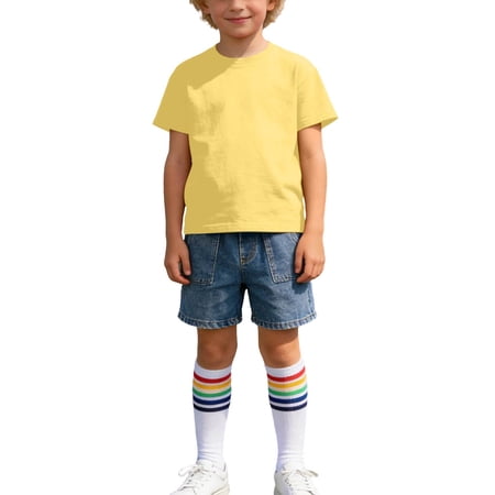 Boys Girls Clothes 3 Piece Sets Short Sleeve Shirt Denim Shorts Knee High Socks Outfits with Pockets Yellow 3-4 Years