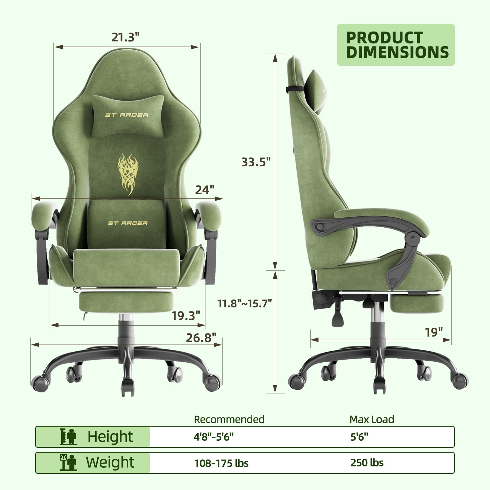 SOONTRANS Green Gaming Chair,Ergonomic Office Game Chair for Adult, Velvet Fabric Video Gamer Chair with Footrest, High Back Reclining Office Computer Chairs with Massage Lumbar