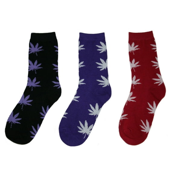 Women's Leaf Print Crew Socks Size 9-11, Women's Shoe Size 4-10 (Red, Purple, Black)