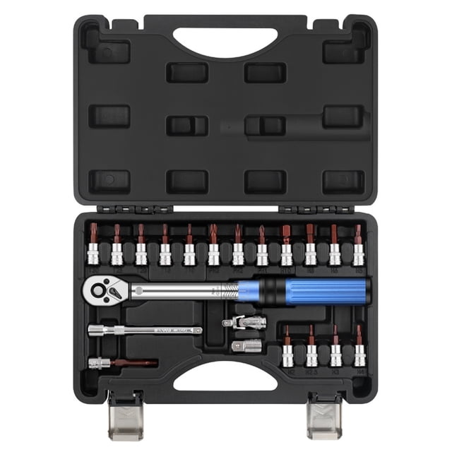 21pcs Bicycle Repair Tool Sets 1/4 inch 2-24N.m Torque Wrench Pre Set Torque Adjustable S2&CR-V Material Wrench for Bicycles 72 Tooth Click Torque Wrench Toolbox Package