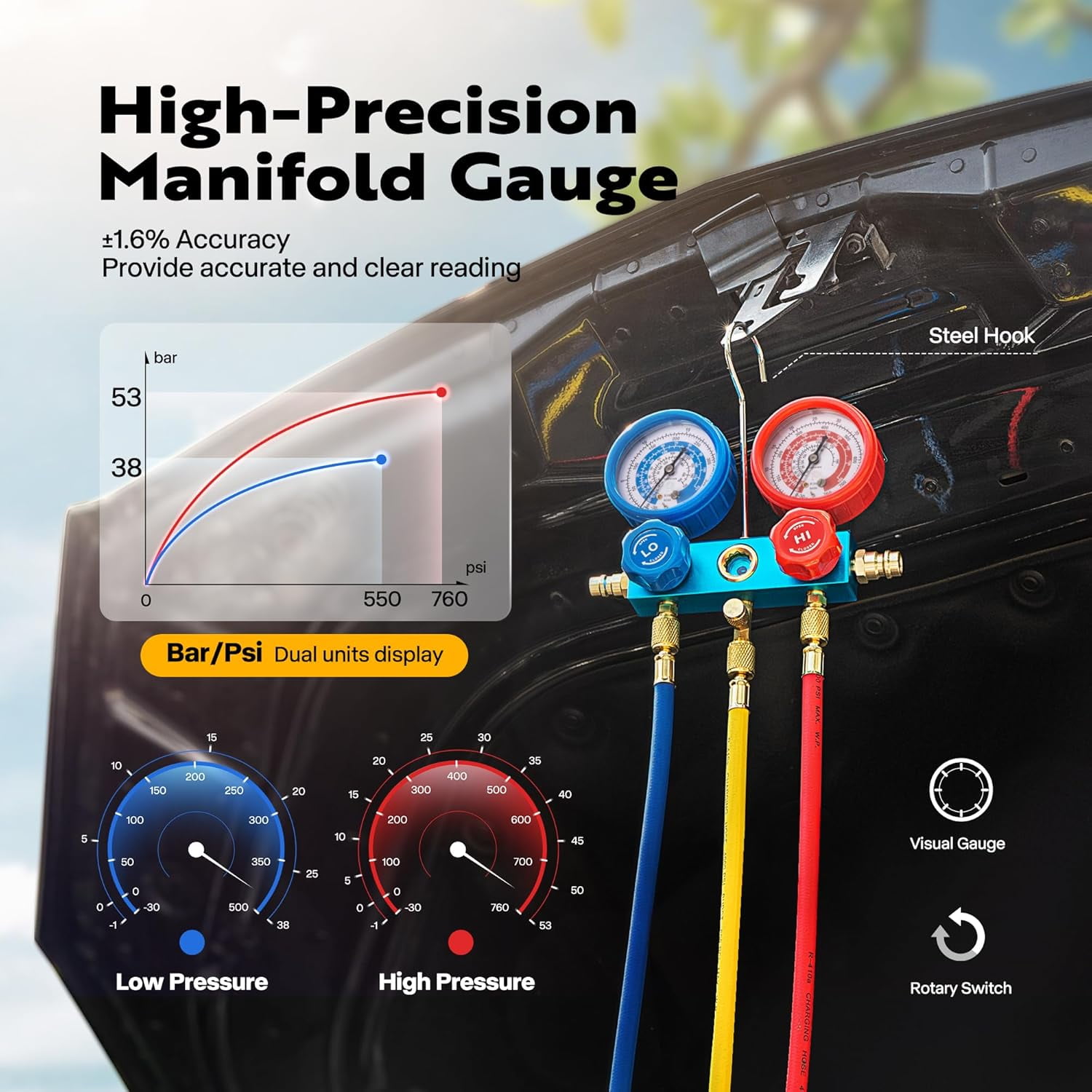 SPECSTAR 110V 1/4 HP 3.5CFM Single Stage Rotary Vane Air Vacuum Pump and AC Manifold Gauge Set Kit with Thermometer for R134a R12 R22 R502 R410a HVAC Air Conditioning Refrigeration Recharging, Black