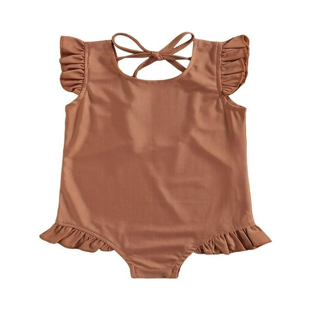 PENGXIANG Summer Toddler Girls Swimwear Solid Ruffles Short Sleeve Backless Bikini Dark Orange 5-6 Years