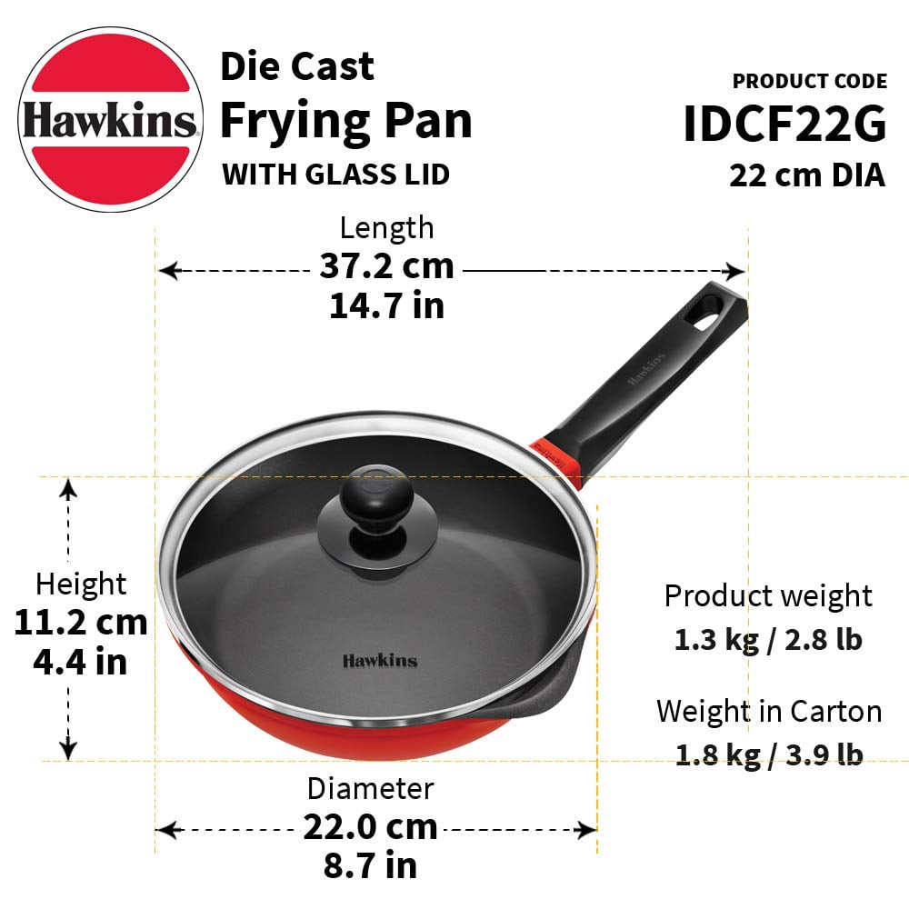 Red Aluminium Frying Pan 22 Cm | Die Cast Non Stick Fry Pan With Glass Lid, Ceramic Coated Pan, Induction Frying Pan, Small Frying Pan (IDCF22G)