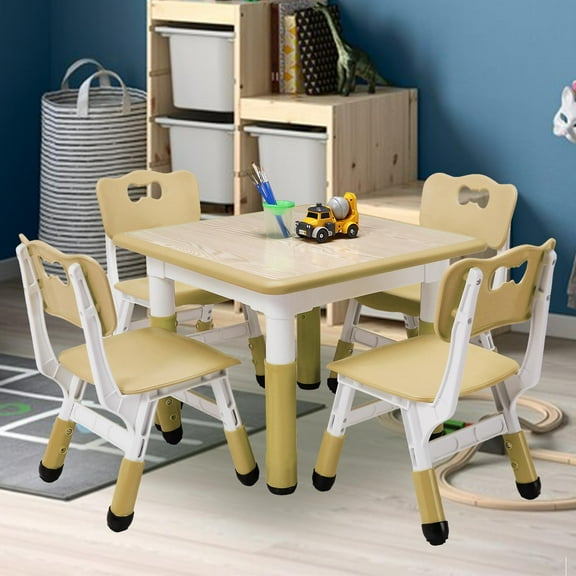 Kids Table and Chairs Set, Adjustable Height Toddler Table with 4 Chairs – Non-Slip, Foldable, Multifunctional Activity Desk for Ages 2-10