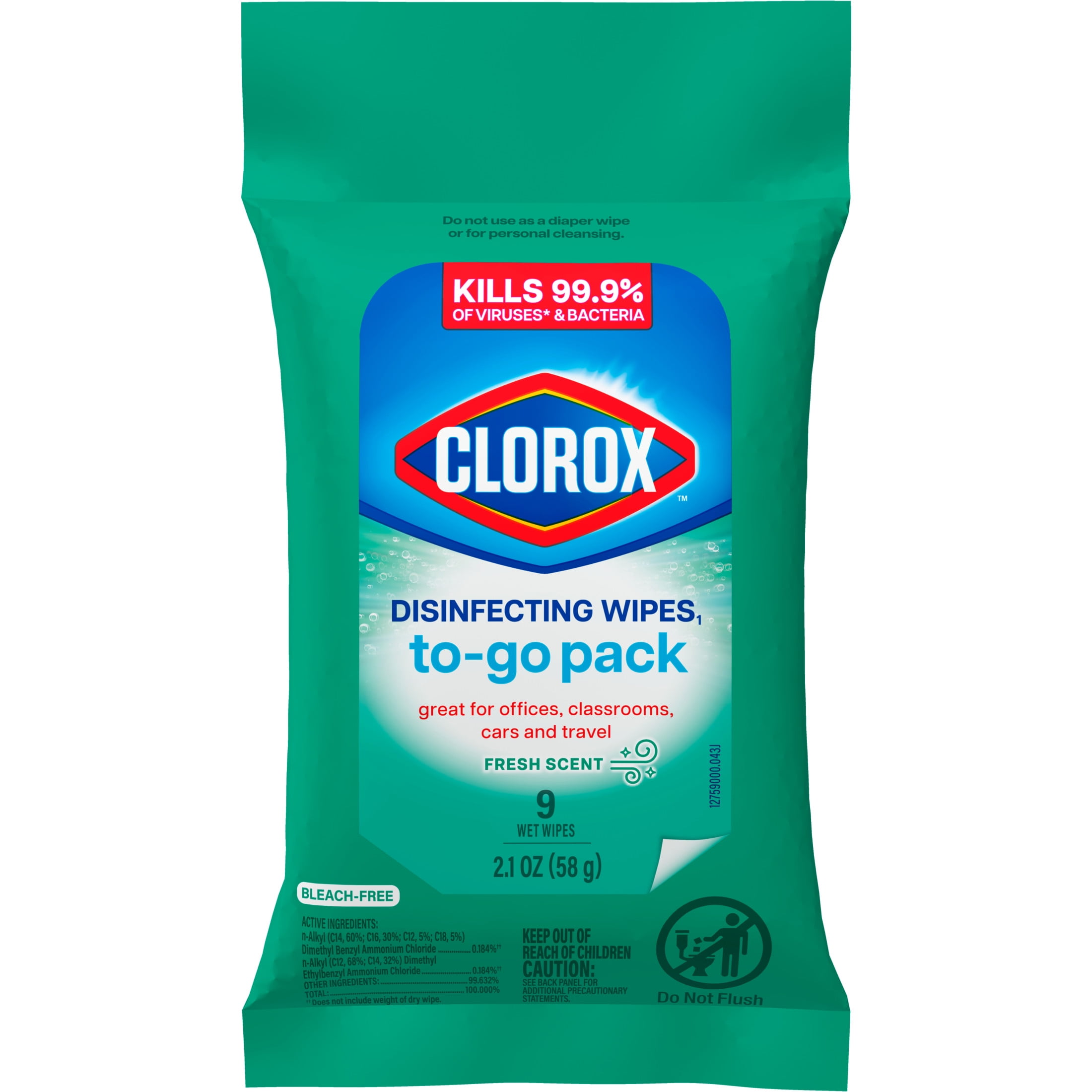 Clorox Disinfecting Wipes on the Go Bleach Free Travel Wipes, Fresh Scent, 9 Count