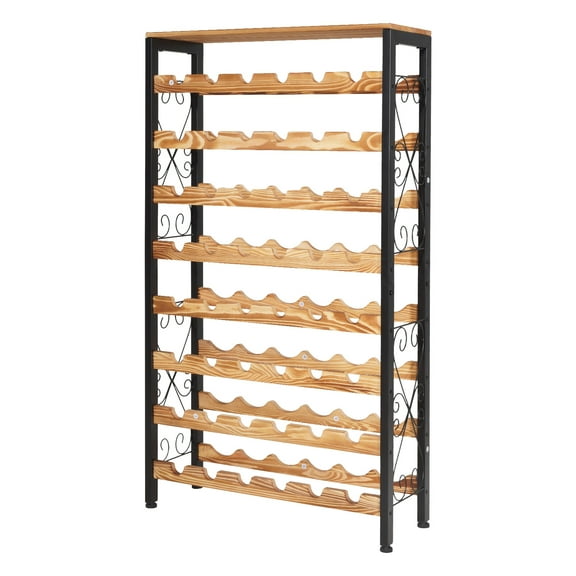 KFFKFF 48-Bottle Wine Rack, 8-Tier Freestanding Wine Storage Shelf with Wooden Top, Adjustable Feet, Easy to Assemble, Ideal for Kitchen, Pantry, Cellar, Bar, Dining Room, Living Room, Black