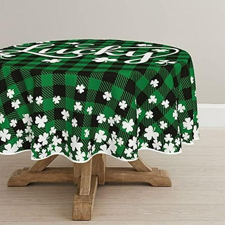 

St. Patrick s Day Tablecloth 70x70 Inch Round Buffalo Plaid Shamrock Lucky Table Cover for Party Picnic Dinner Decor