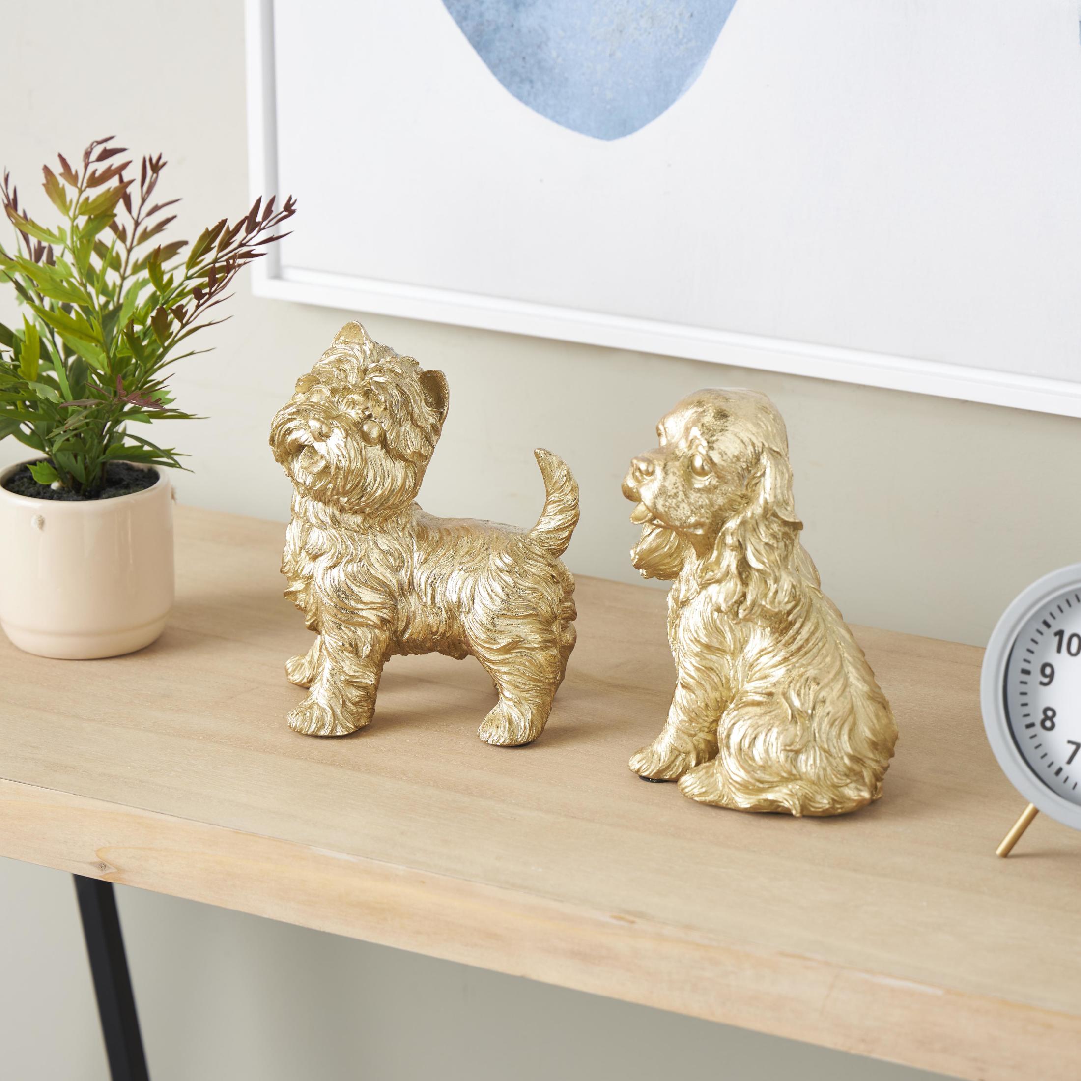 5"W, 9"H Gold Polystone Sitting and Standing Dog Sculpture, by DecMode (2 Count)