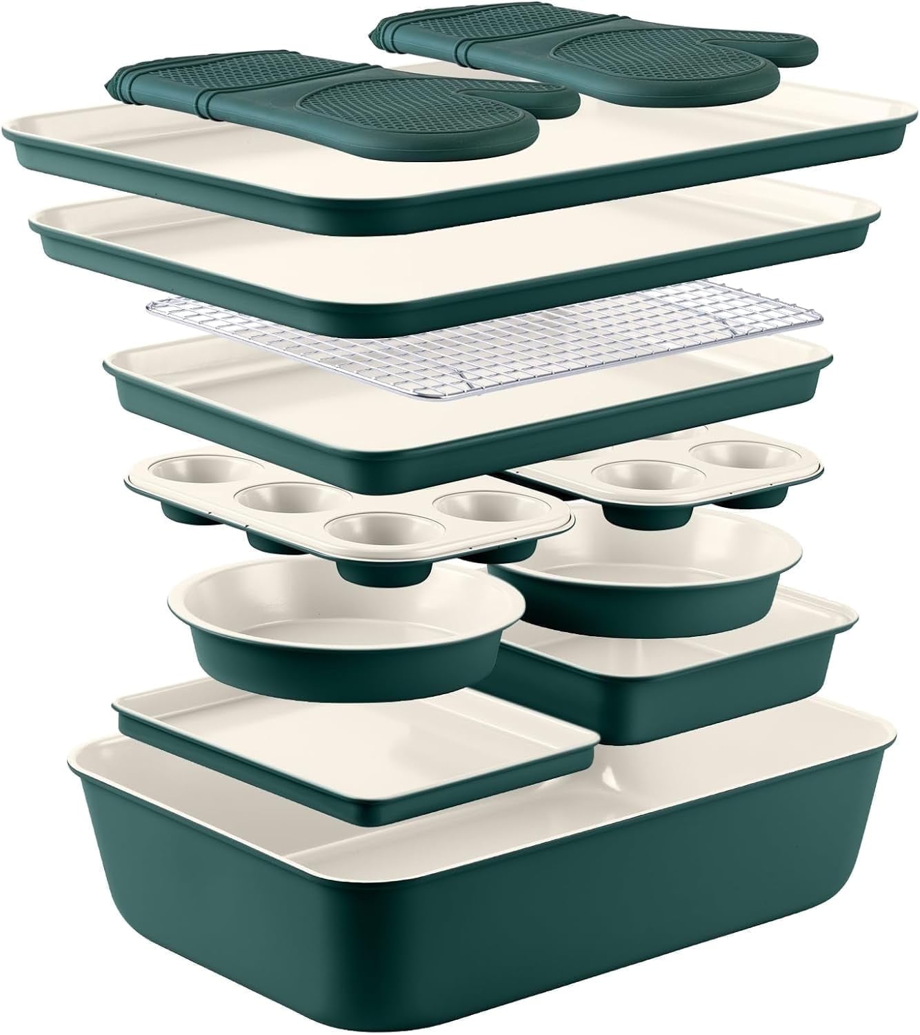 Country Kitchen Nonstick Cookware and Bakeware Set with Stackable Design, Sage, 13-Piece