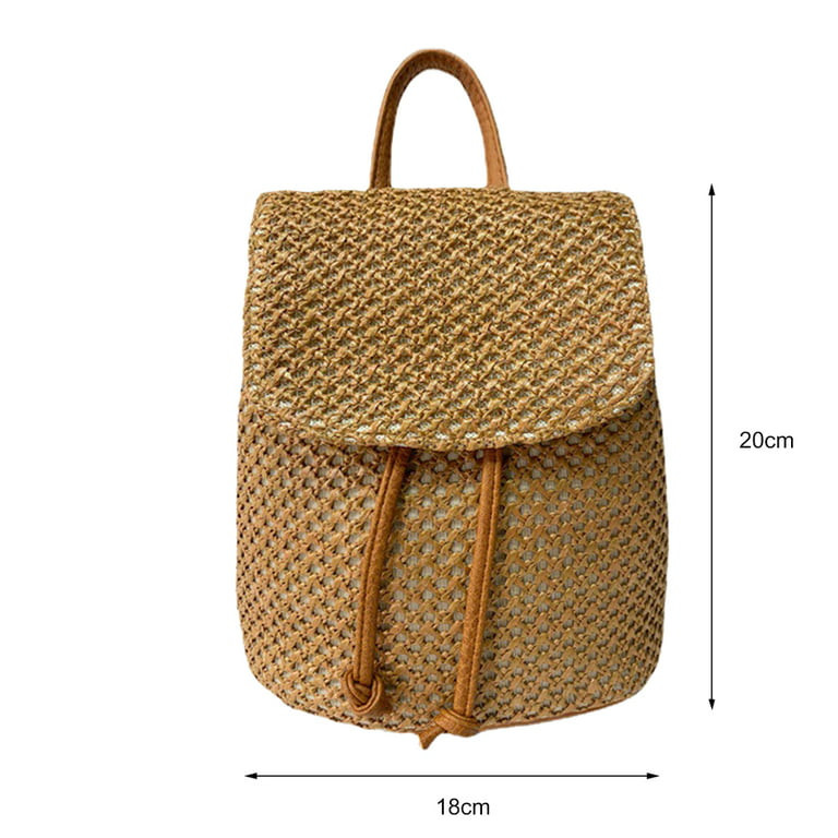 LoyGkgas New Summer Straw Backpack Beach Handmade Woven Leather Women  School Bag (Brown) 