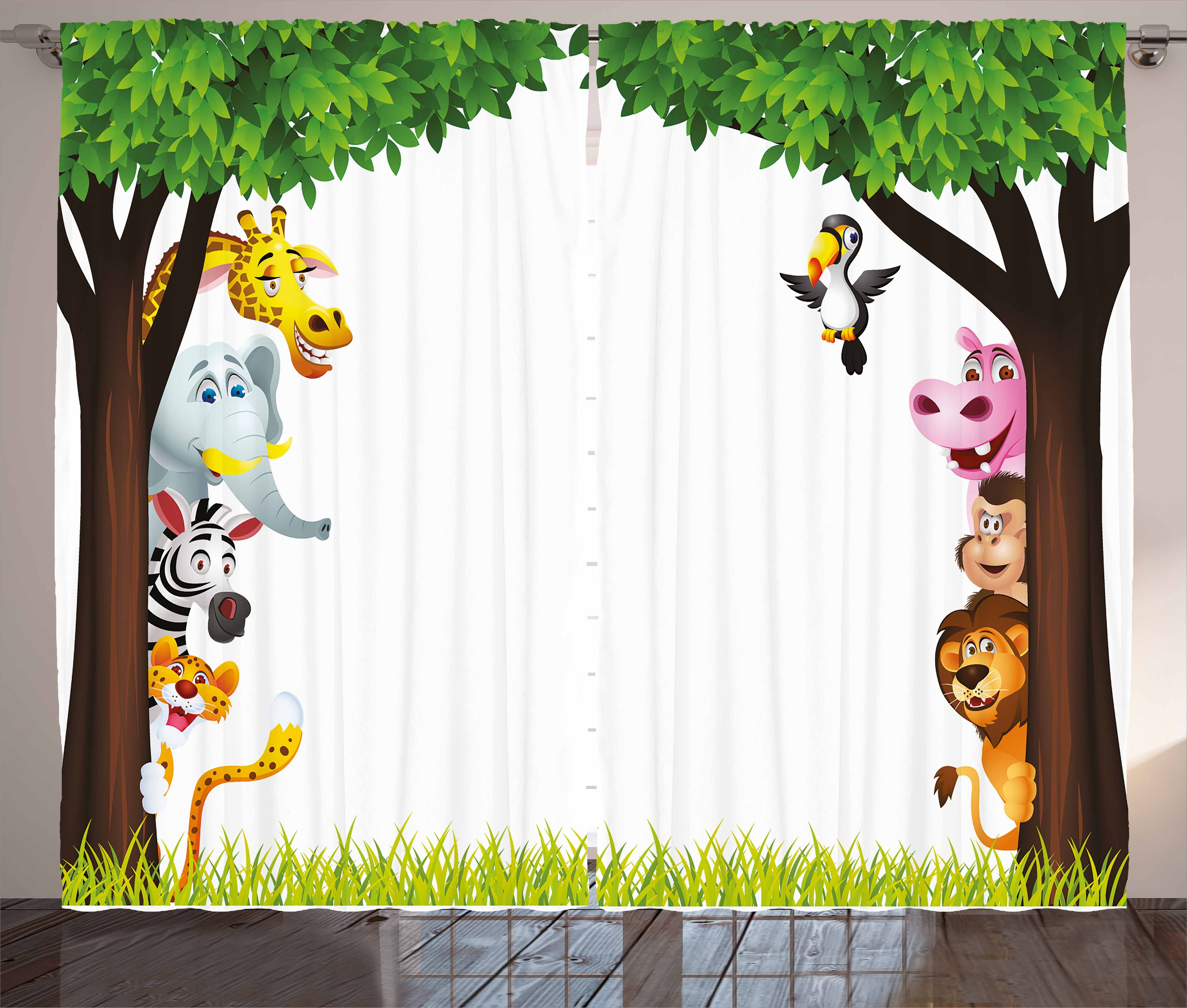 Nursery Curtains 2 Panels Set, Big Trees and Friendly Jungle Safari