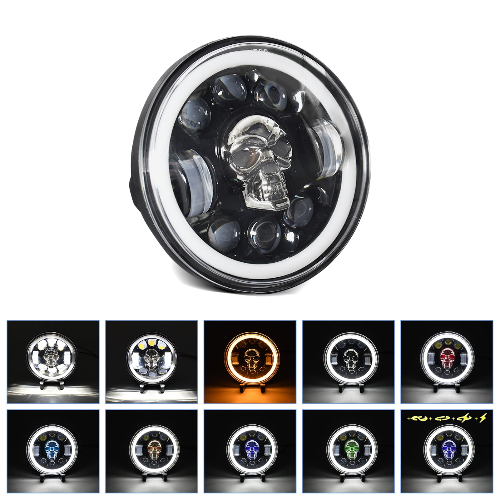 Motorcycle Headlight featuring Skull Pattern LED, High/Low Beam, Turn Signal DRL, and Colorful Angle Eye Light
