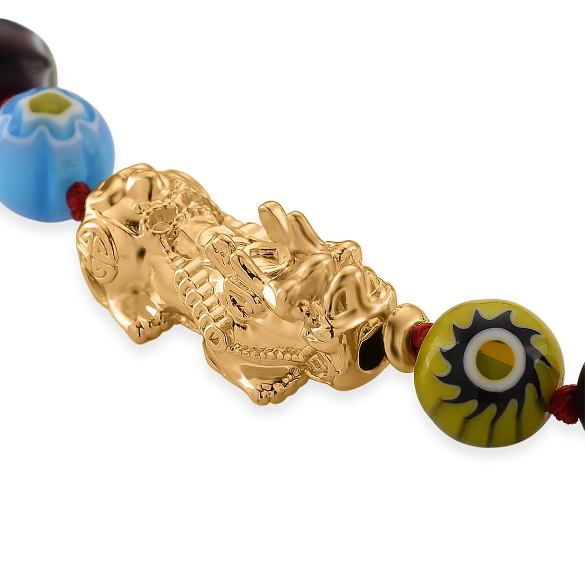 Multi Color Murano Style Beaded Necklace with Pixiu Charm in Goldtone 20 Inches