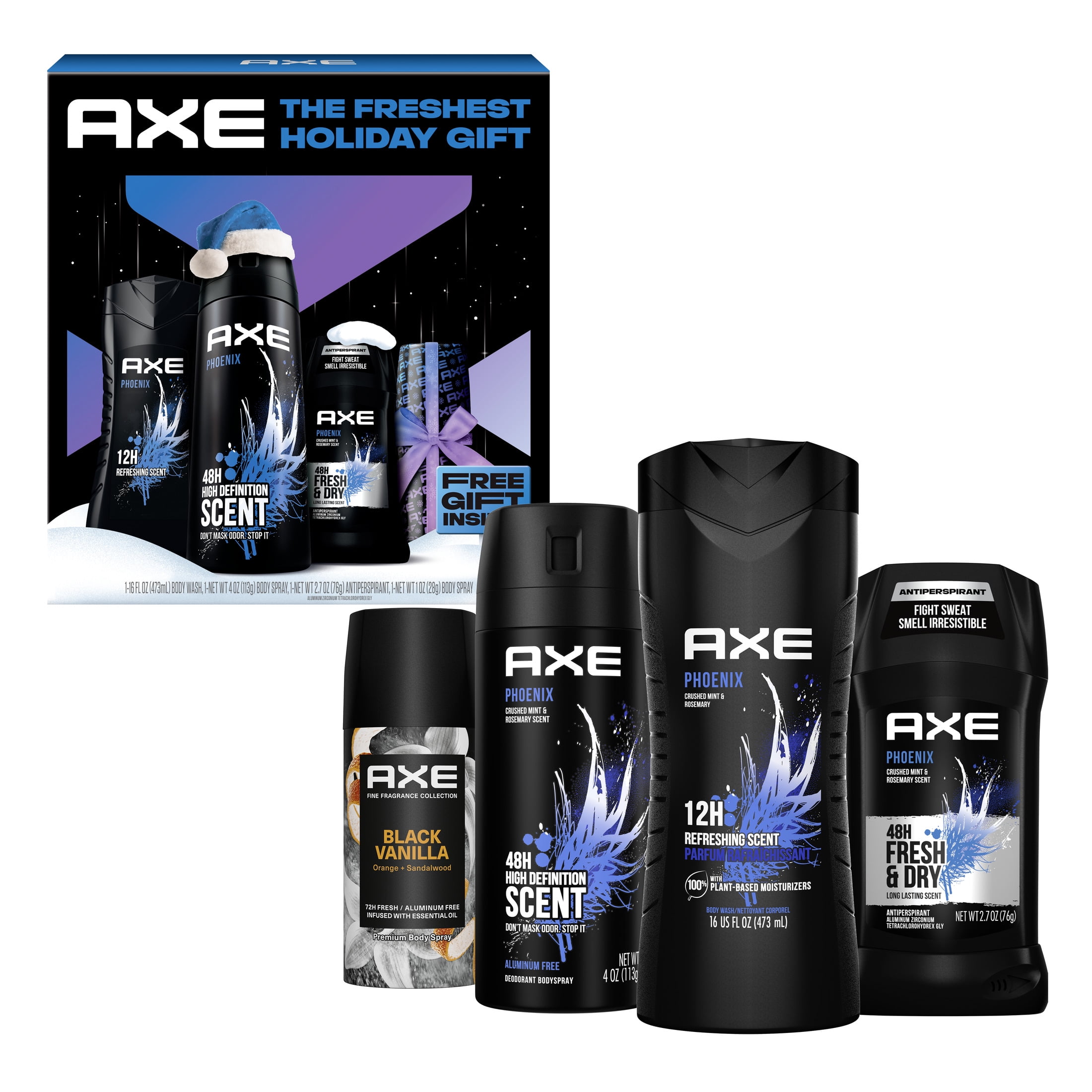 (2 pack) Axe Men's Gift Set Body Wash Deodorant Spray Antiperspirant Deodorant Stick Phoenix Mint Rosemary, 4 Count