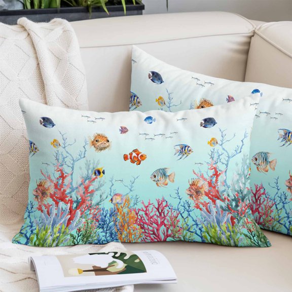 Turquoise Ocean Life Pillow Covers 20x26 Inch Standard Size, Summer Coastal Coral Fishes Decorative Pillowcase with Zipper, Microfiber Pillow Protector, Breathable Pillowcases for Couch Sofa Bed