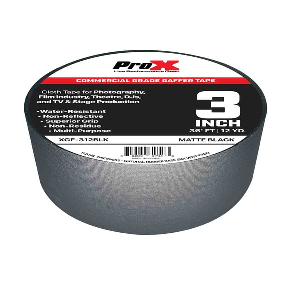 ProX XGF-312BLK, 3 Inch 12YD Matte Black Commercial Grade Gaffer Tape Pros Choice Non-Residue - 36FT