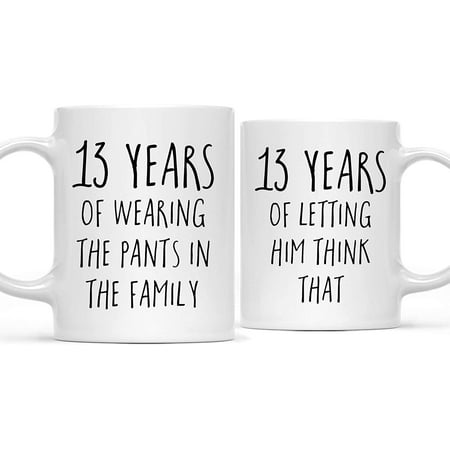 

CTDream Funny 13th Wedding Anniversary 11oz. Couples Coffee Mug Gag Gift 13 Years of Wearing the Pants in the Family Letting Him Think That 2-Pack with Gift Box for Husband Wife Parents
