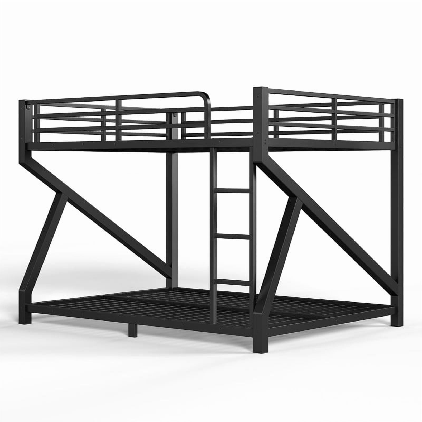 59''H Low Profile Queen-Over-Queen Teens Bunk Bed with Built-In Ladder, Kids Black Metal Bed Frame with Guardrail