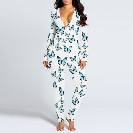 

vbnergoie Women s Button-down Butterfly Print Functional Buttoned Flap s Jumpsuit Night Gown for Ladies Cotton Lounge Set Women