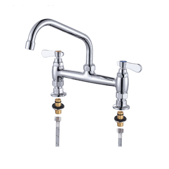 Sink Faucet with 8” Swivel Spout & Supply Lines, 8" Center Deck Mount Kitchen Faucet, Dual Handles Brass Utility Sink Faucet for Laundry Room Restaurant Compartment Sink, Polish