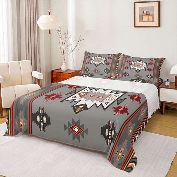 Homewish Western Boho Aztec Twin Sheet Sets for Men, Rustic Mandala Hippie Twin Fitted Sheet, Grey Brown Abstract Flat Sheet, Super Cozy Room Decor, 3 Pieces