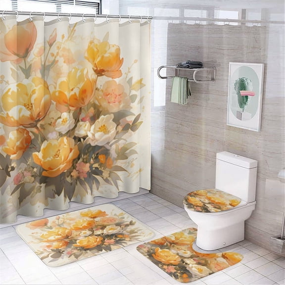 4Pcs Shower Curtain Set with Rugs with Rugs Toilet Lid Cover And Bath Mat Watercolor Flowers Waterproof Shower Curtain Spring Flowers for Bathroom Decor Set