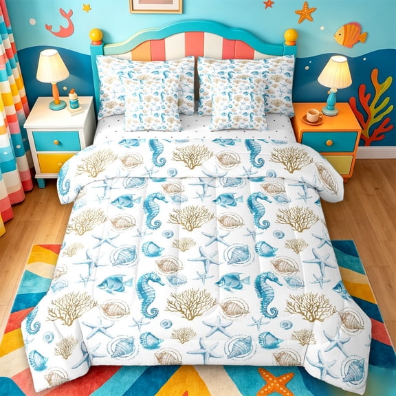 jejeloiu Watercolor Seahorse Print 7-Piece Twin Bedding For Girls,Coral Shell Pattern Bedding Comforter Set,Blue Gold