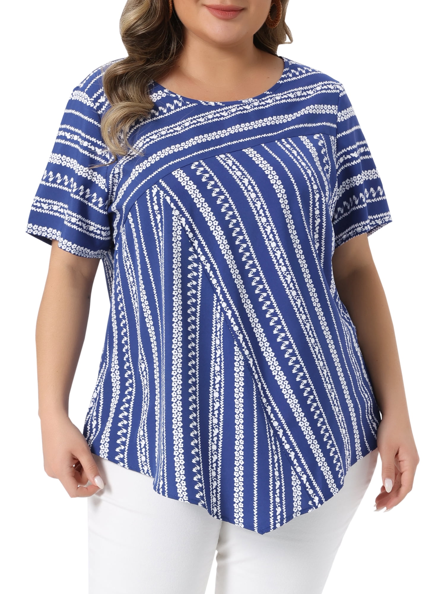 DARING DIVA Women's Plus Crew Neck Short Sleeve Boho Striped Blouse Top 2X Dark Blue