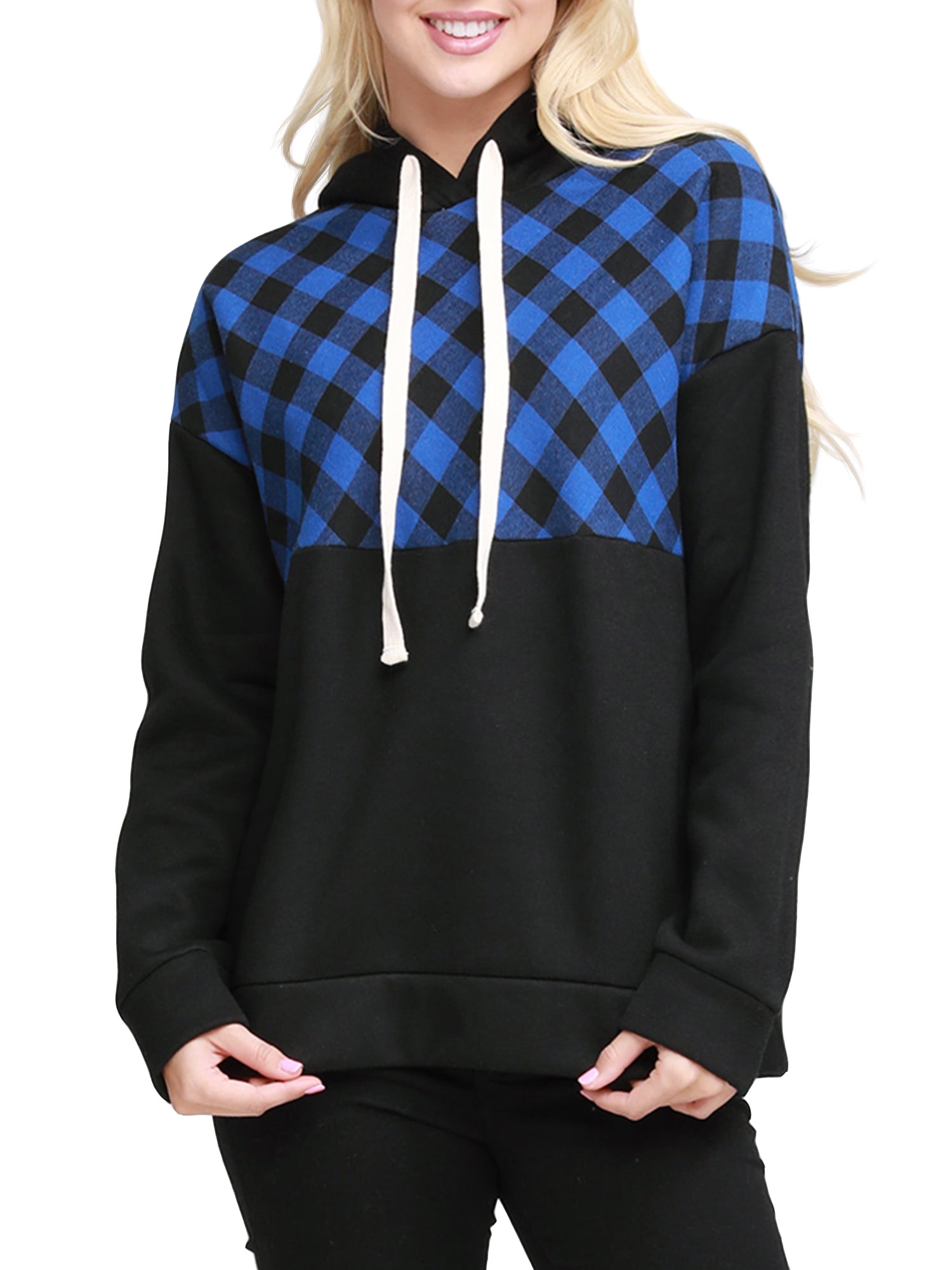color block plaid panel zip up hoodie jacket