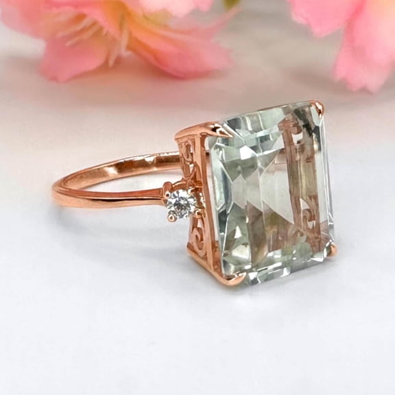 Natural Green Amethyst Ring Emerald Cut Prestolite Ring 14K Gold February Birthstone Jewelry